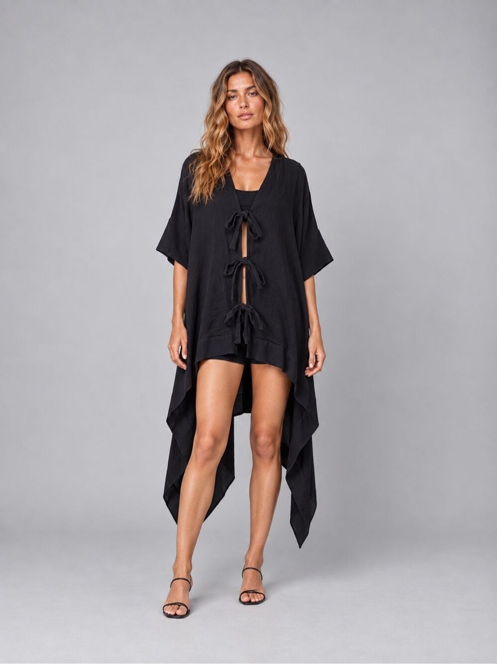 NWT Jonathan Simkhai Black Cotton Gauze Tie-Front High-Low Caftan M